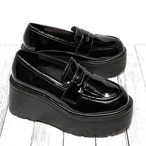 New Black Patent Platform Wedge Penny Loafers
